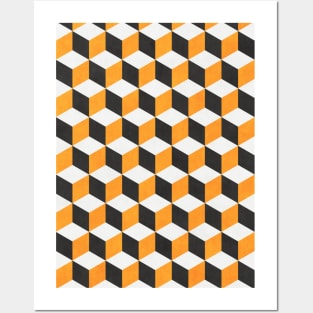 Geometric Cube Pattern - Yellow, White, Grey Concrete Posters and Art